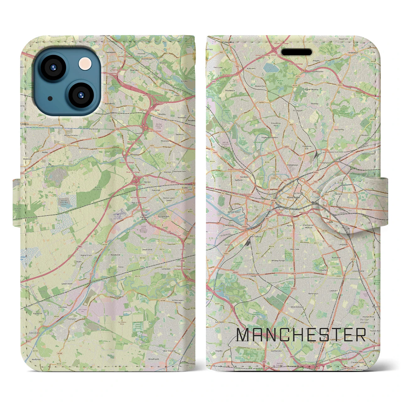 【マンチェスター】地図柄iPhoneケース（手帳両面タイプ・ナチュラル）iPhone 13 用