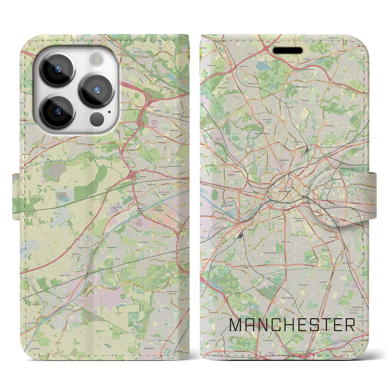 【マンチェスター】地図柄iPhoneケース（手帳両面タイプ・ナチュラル）iPhone 14 Pro 用
