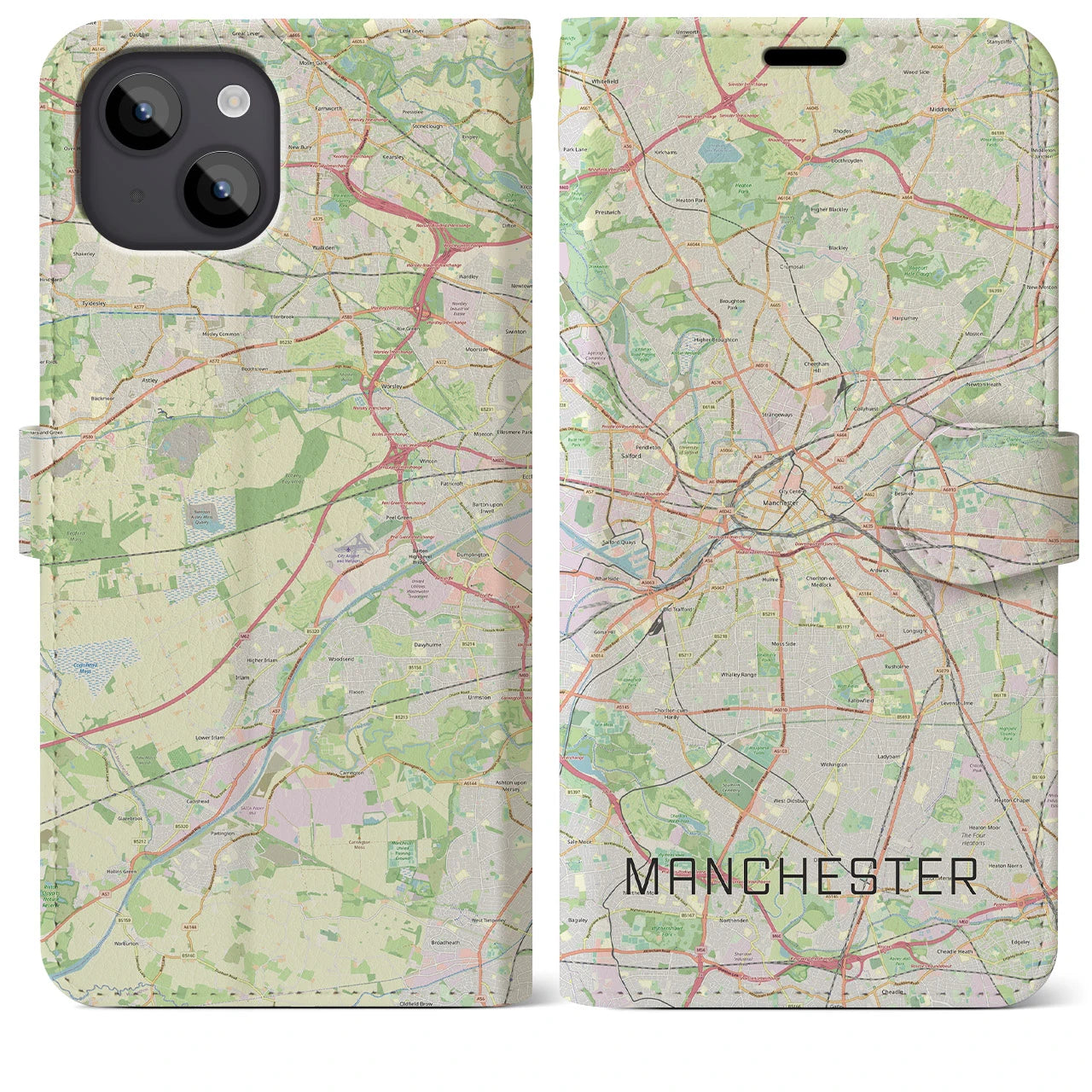 【マンチェスター】地図柄iPhoneケース（手帳両面タイプ・ナチュラル）iPhone 14 Plus 用