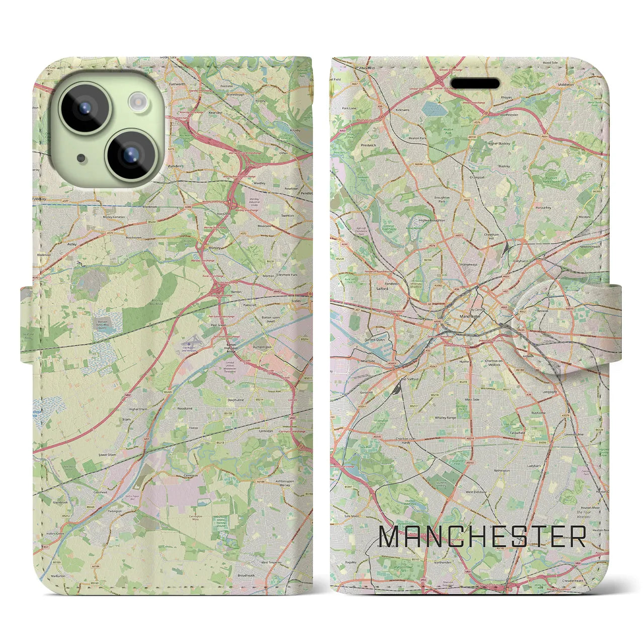 【マンチェスター】地図柄iPhoneケース（手帳両面タイプ・ナチュラル）iPhone 15 用