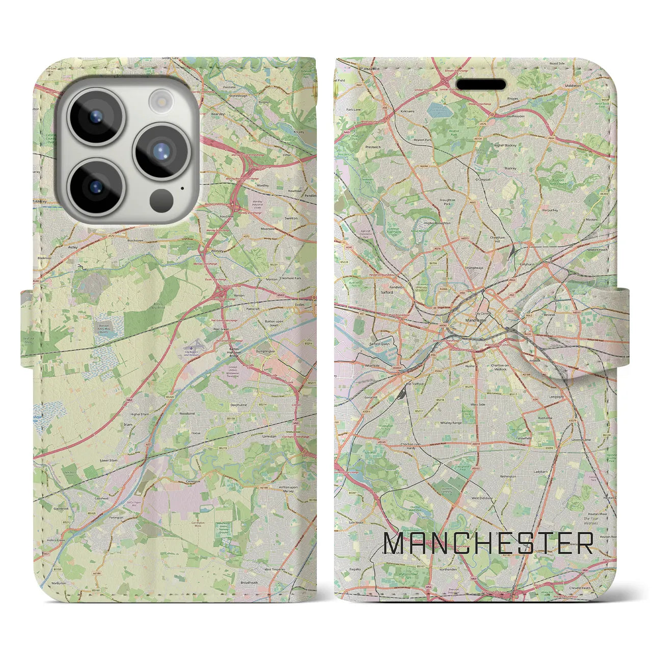 【マンチェスター】地図柄iPhoneケース（手帳両面タイプ・ナチュラル）iPhone 15 Pro 用
