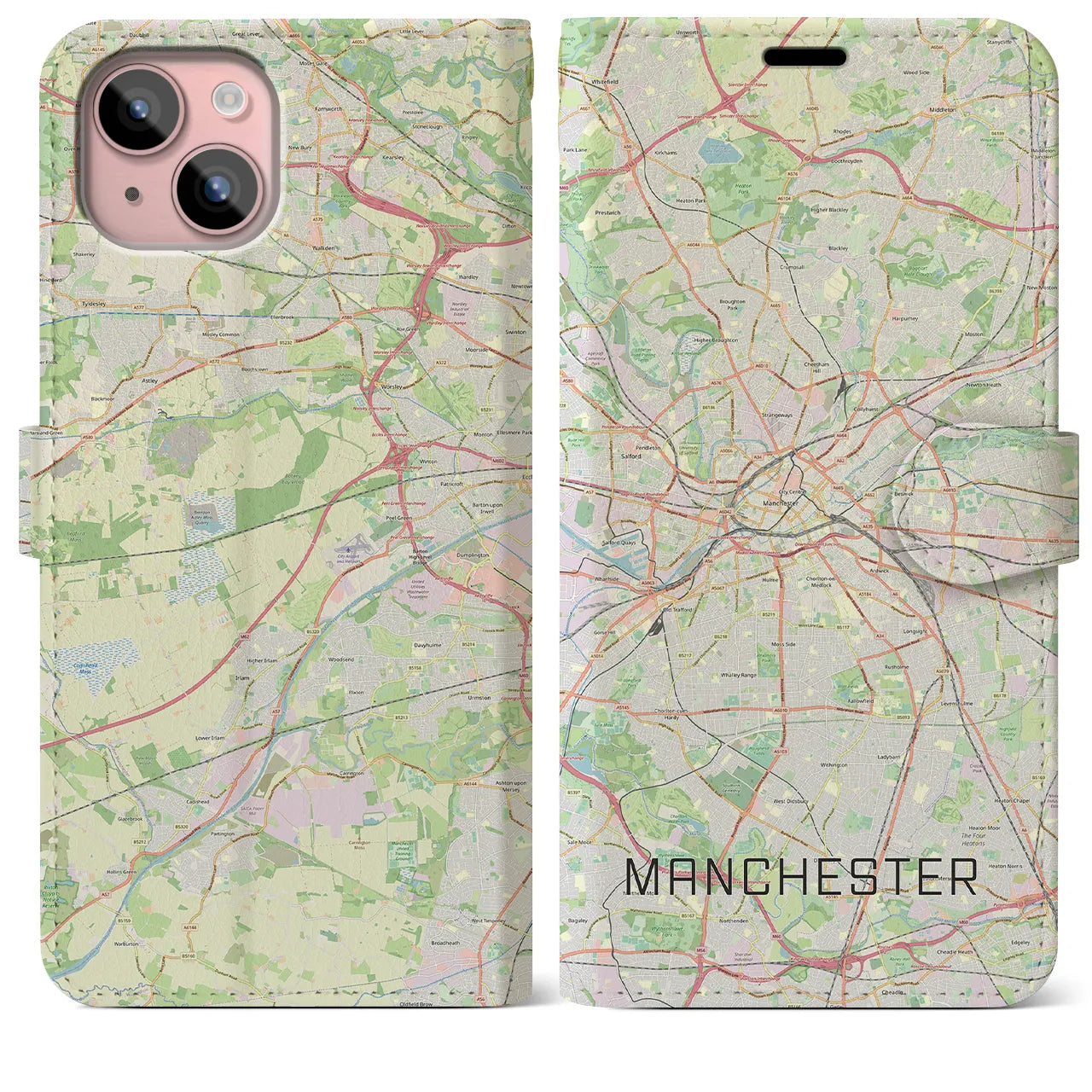 【マンチェスター】地図柄iPhoneケース（手帳両面タイプ・ナチュラル）iPhone 15 Plus 用