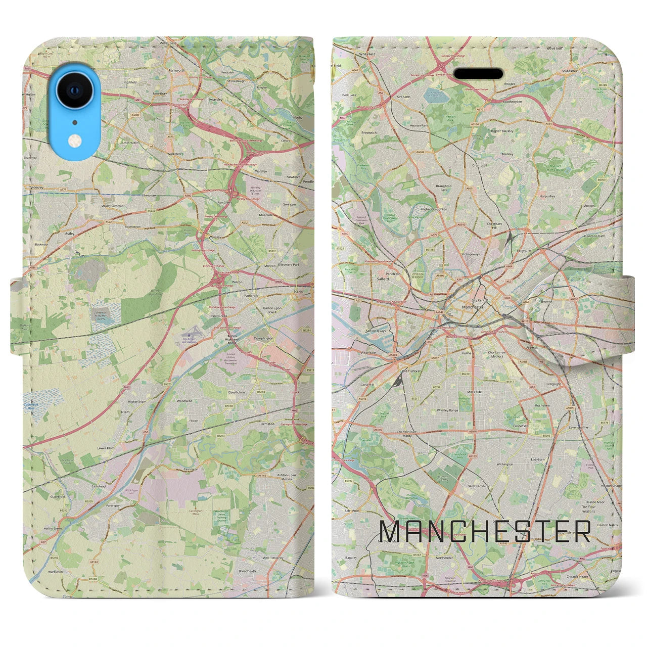 【マンチェスター】地図柄iPhoneケース（手帳両面タイプ・ナチュラル）iPhone XR 用