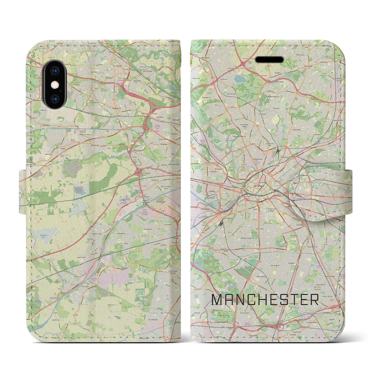 【マンチェスター】地図柄iPhoneケース（手帳両面タイプ・ナチュラル）iPhone XS / X 用