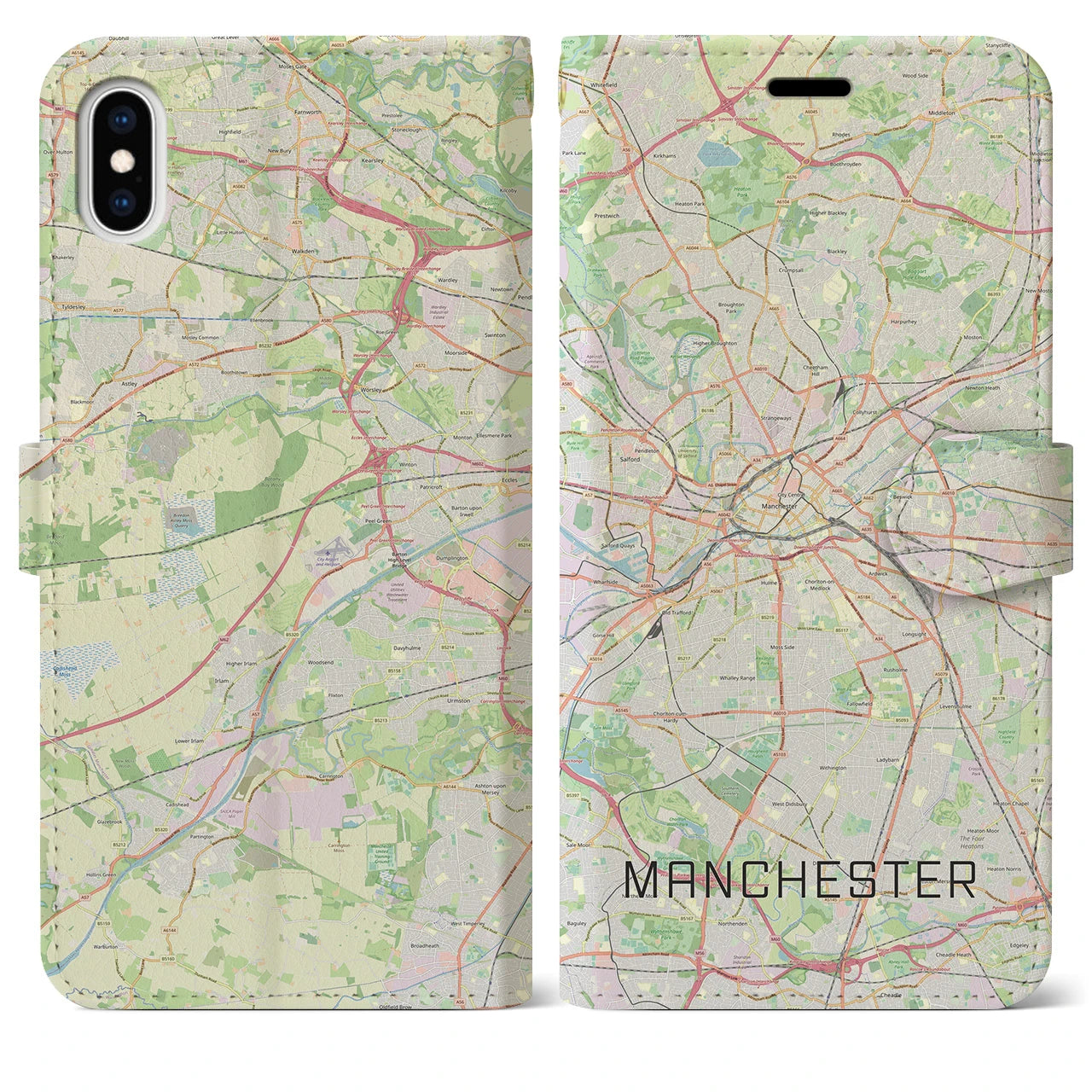 【マンチェスター】地図柄iPhoneケース（手帳両面タイプ・ナチュラル）iPhone XS Max 用