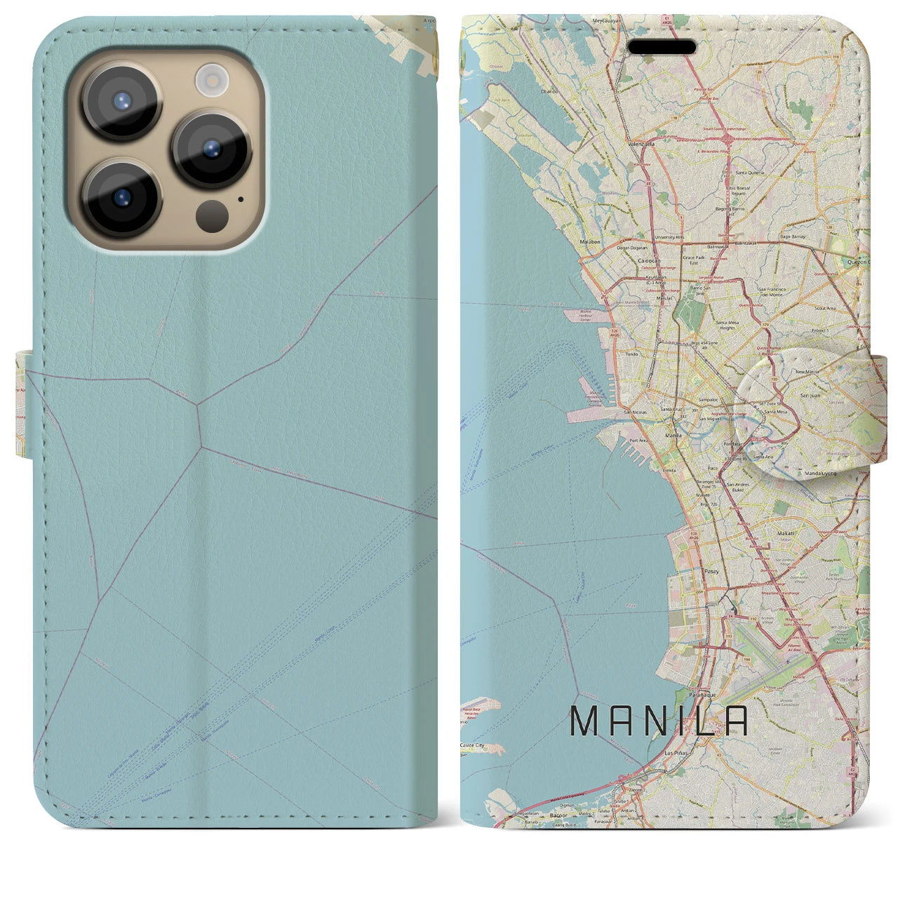 【マニラ】地図柄iPhoneケース（手帳両面タイプ・ナチュラル）iPhone 14 Pro Max 用