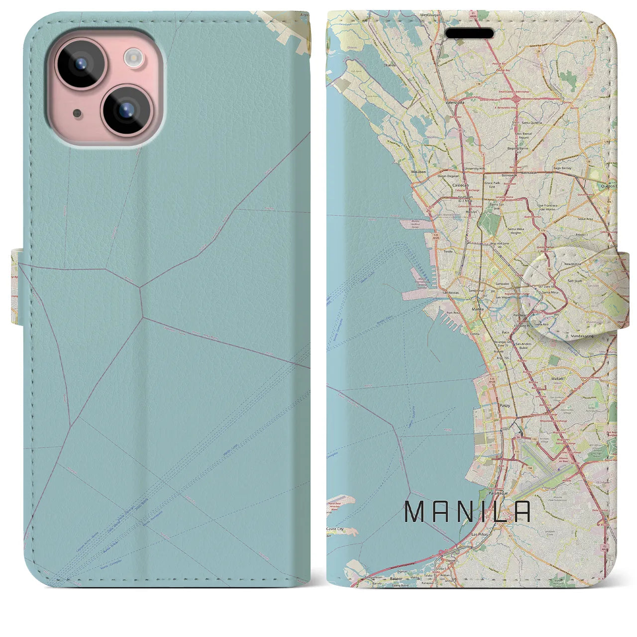 【マニラ】地図柄iPhoneケース（手帳両面タイプ・ナチュラル）iPhone 15 Plus 用