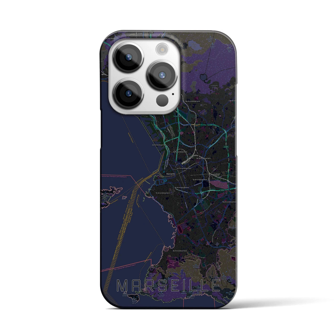 【マルセイユ】地図柄iPhoneケース（バックカバータイプ・ブラック）iPhone 14 Pro 用