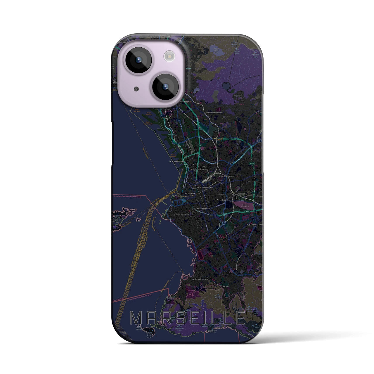 【マルセイユ】地図柄iPhoneケース（バックカバータイプ・ブラック）iPhone 14 用