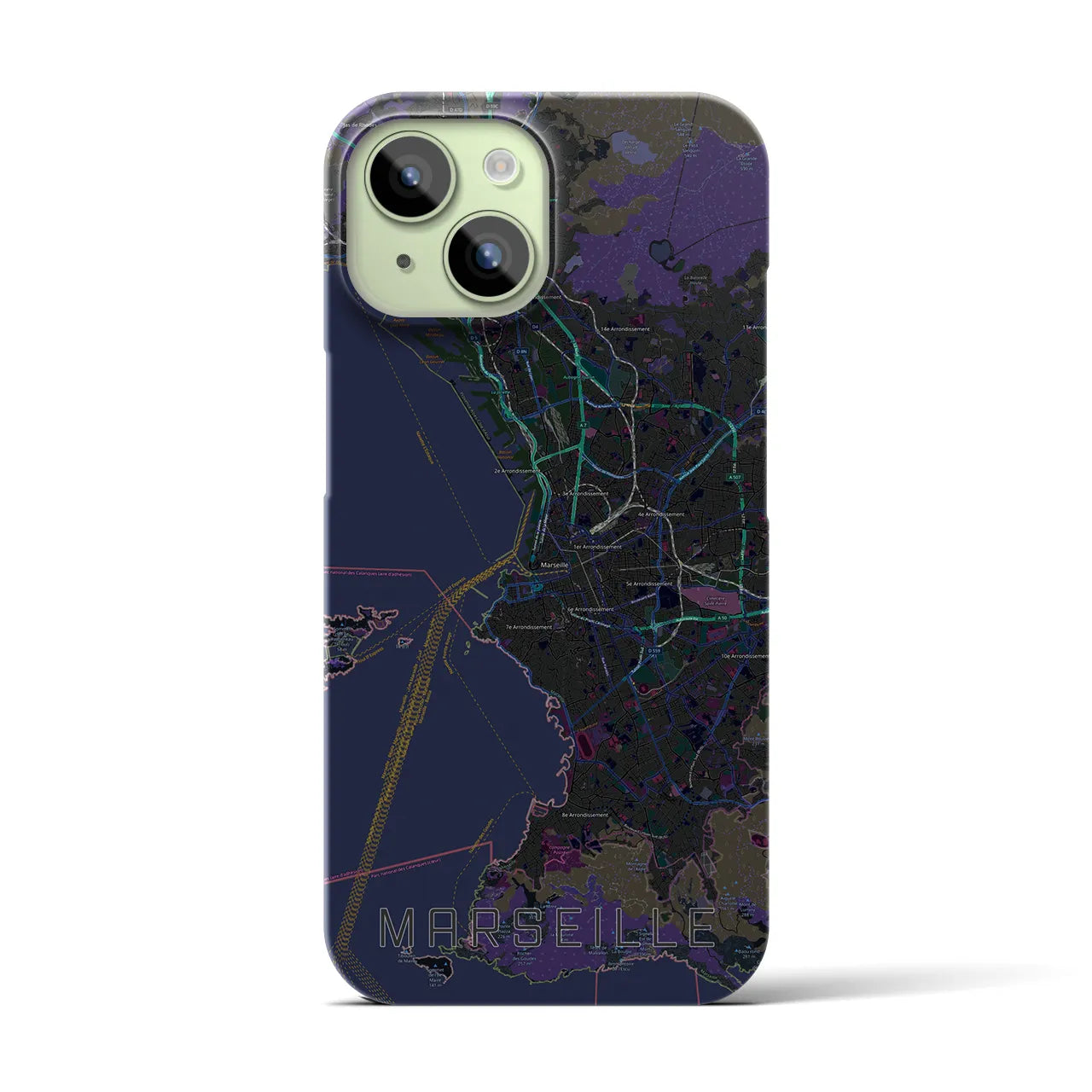 【マルセイユ】地図柄iPhoneケース（バックカバータイプ・ブラック）iPhone 15 用