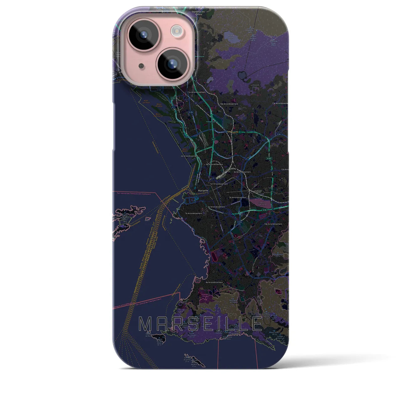 【マルセイユ】地図柄iPhoneケース（バックカバータイプ・ブラック）iPhone 15 Plus 用