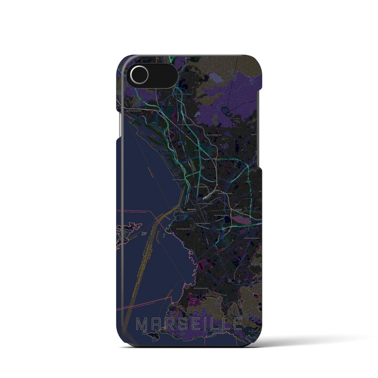 【マルセイユ】地図柄iPhoneケース（バックカバータイプ・ブラック）iPhone SE（第3 / 第2世代） / 8 / 7 / 6s / 6 用