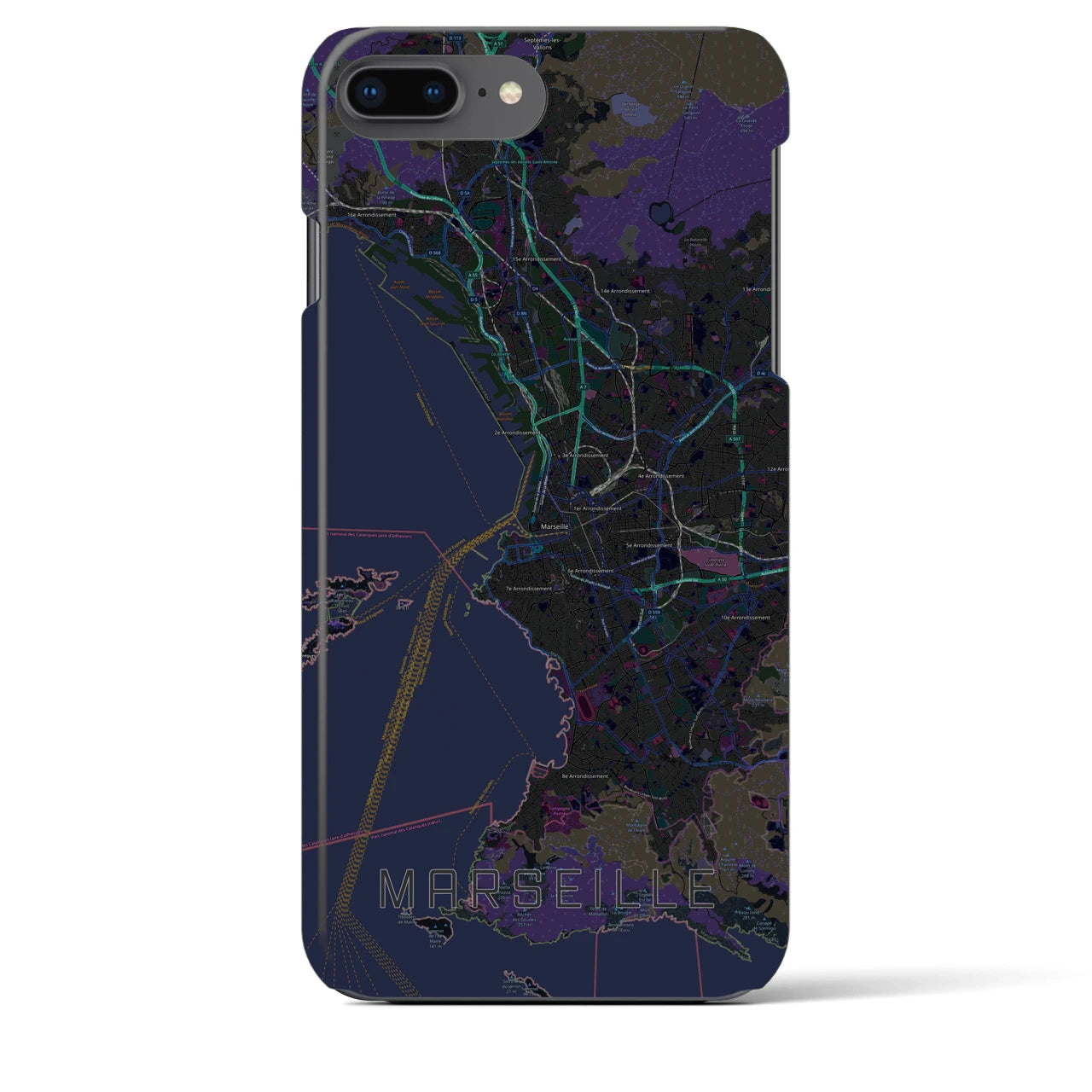 【マルセイユ】地図柄iPhoneケース（バックカバータイプ・ブラック）iPhone 8Plus /7Plus / 6sPlus / 6Plus 用