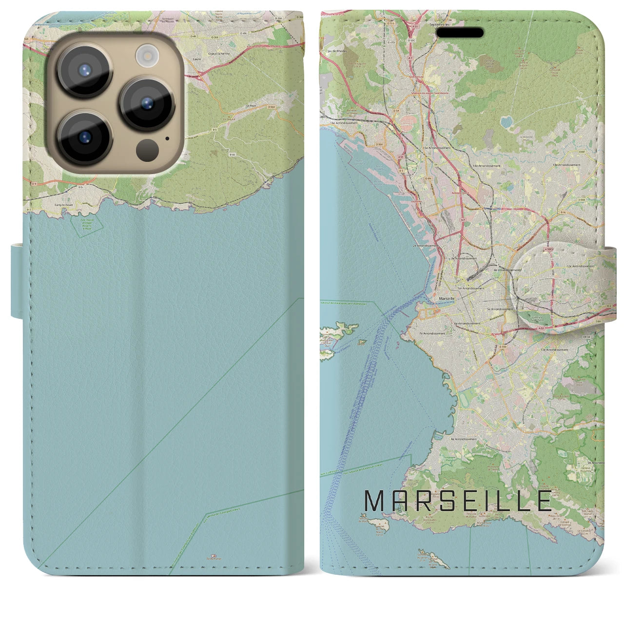 【マルセイユ】地図柄iPhoneケース（手帳両面タイプ・ナチュラル）iPhone 14 Pro Max 用