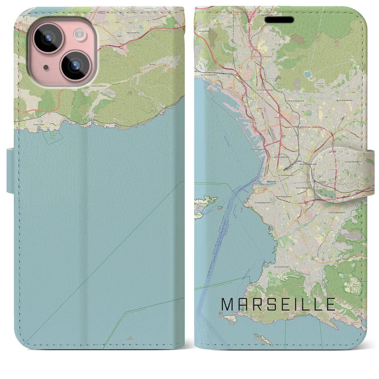 【マルセイユ】地図柄iPhoneケース（手帳両面タイプ・ナチュラル）iPhone 15 Plus 用