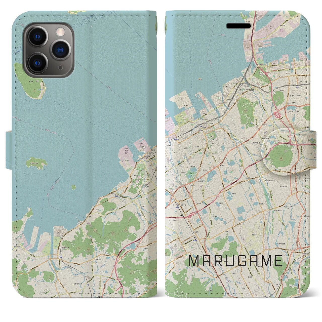 【丸亀】地図柄iPhoneケース（手帳両面タイプ・ナチュラル）iPhone 11 Pro Max 用