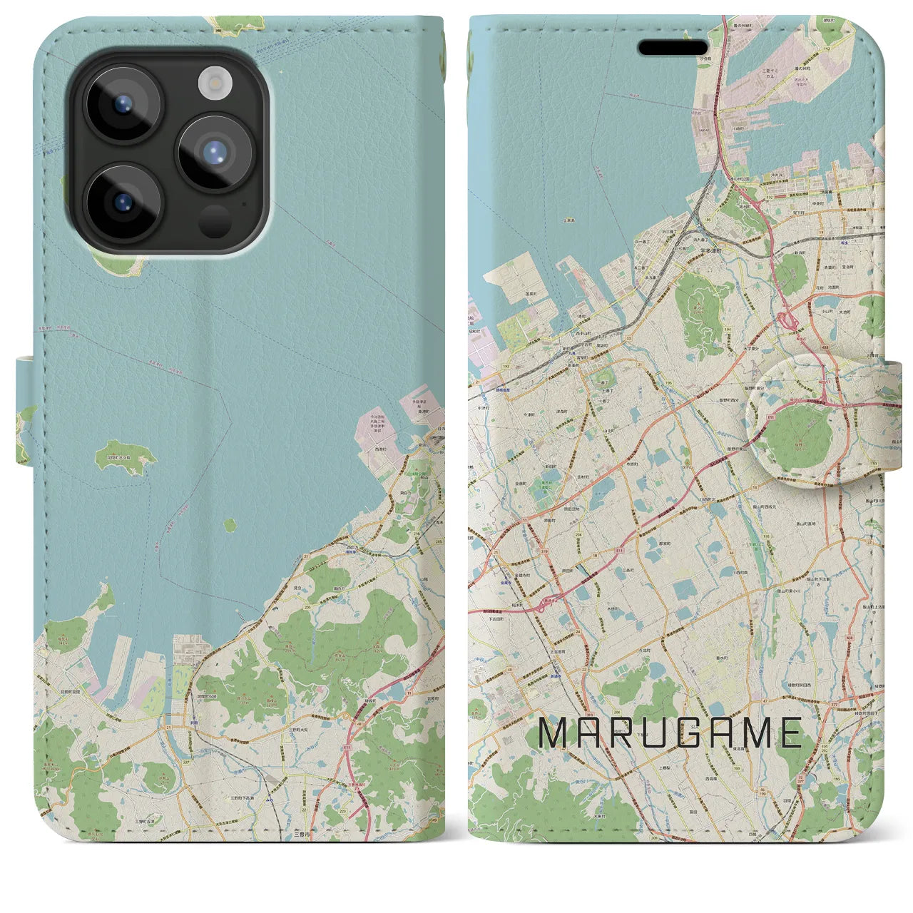 【丸亀】地図柄iPhoneケース（手帳両面タイプ・ナチュラル）iPhone 15 Pro Max 用