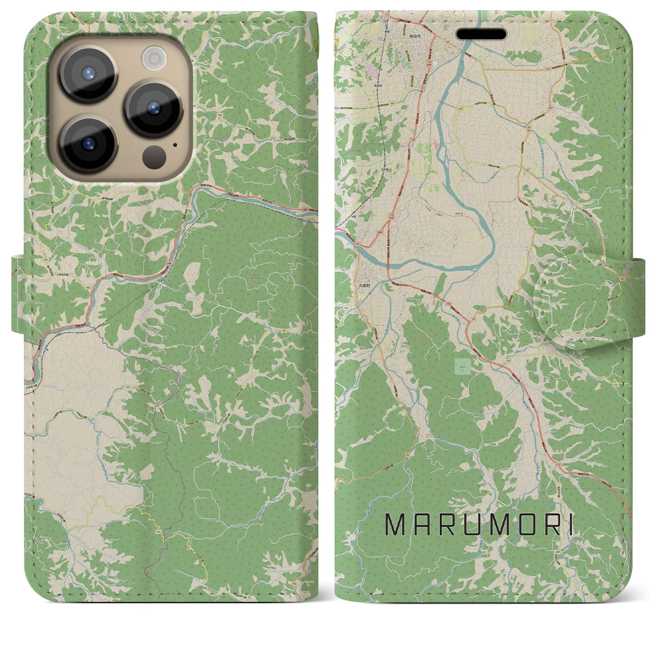 【丸森】地図柄iPhoneケース（手帳両面タイプ・ナチュラル）iPhone 14 Pro Max 用