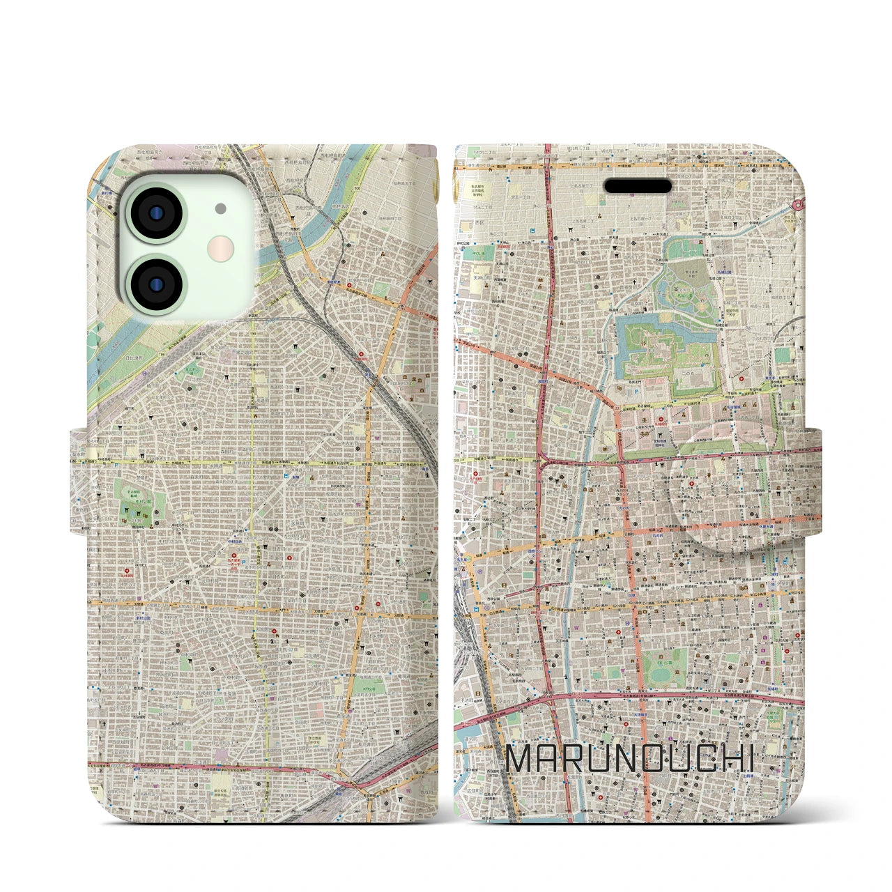 【丸の内】地図柄iPhoneケース（手帳両面タイプ・ナチュラル）iPhone 12 mini 用