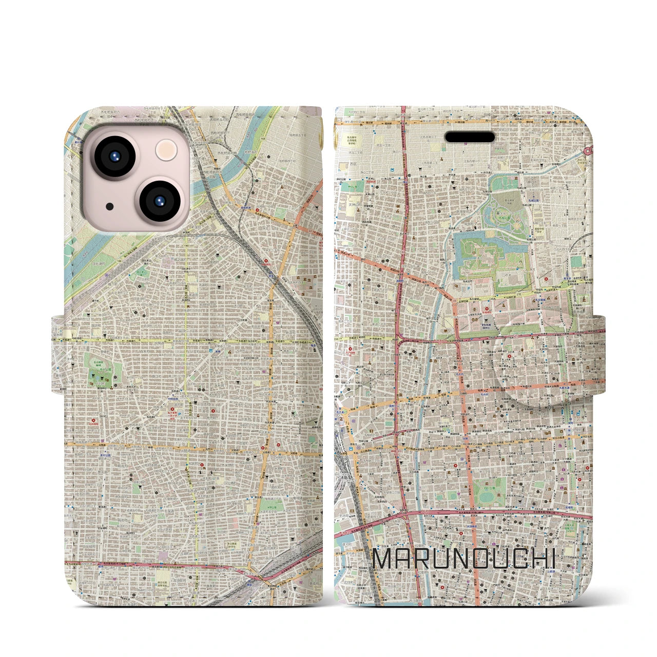 【丸の内】地図柄iPhoneケース（手帳両面タイプ・ナチュラル）iPhone 13 mini 用