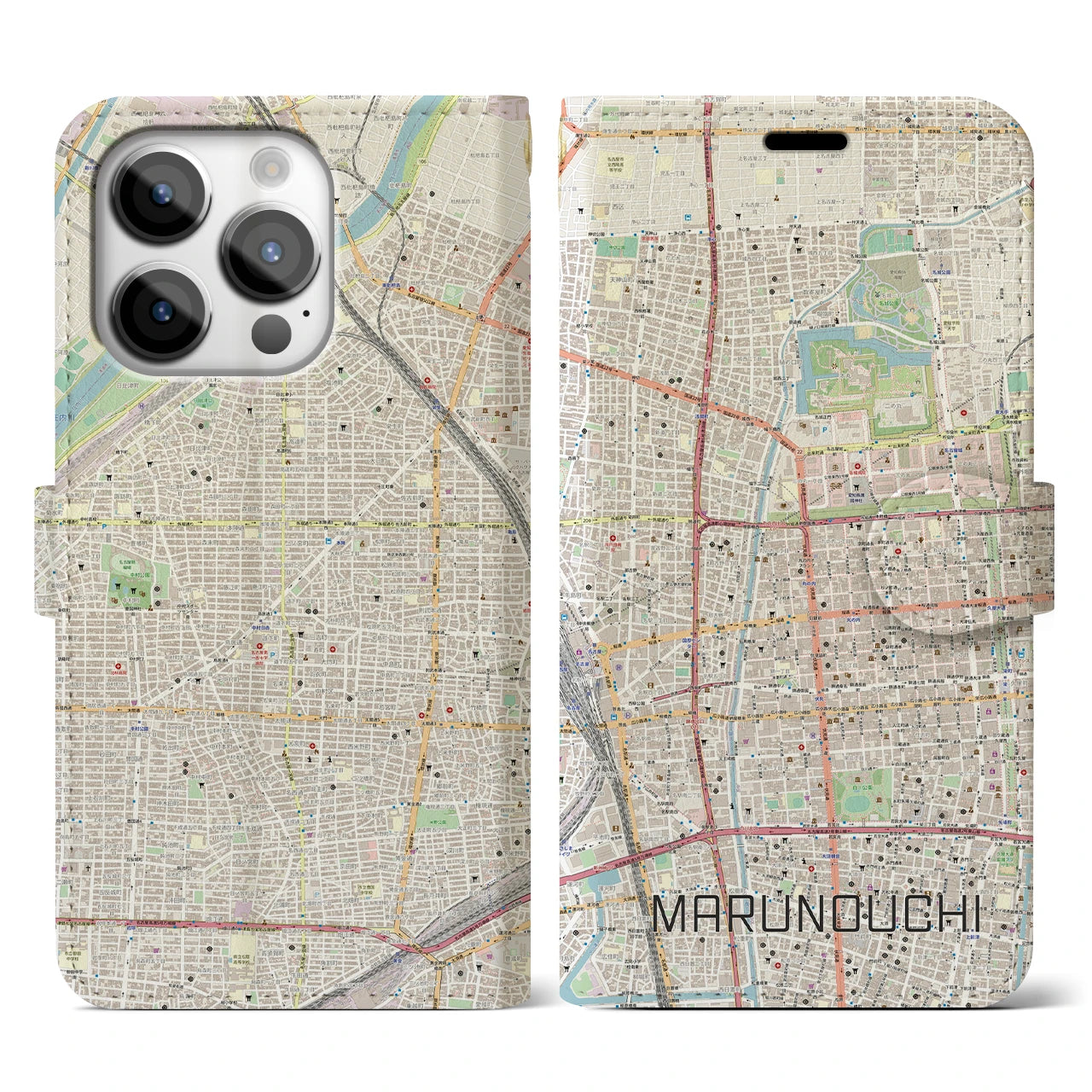 【丸の内】地図柄iPhoneケース（手帳両面タイプ・ナチュラル）iPhone 14 Pro 用
