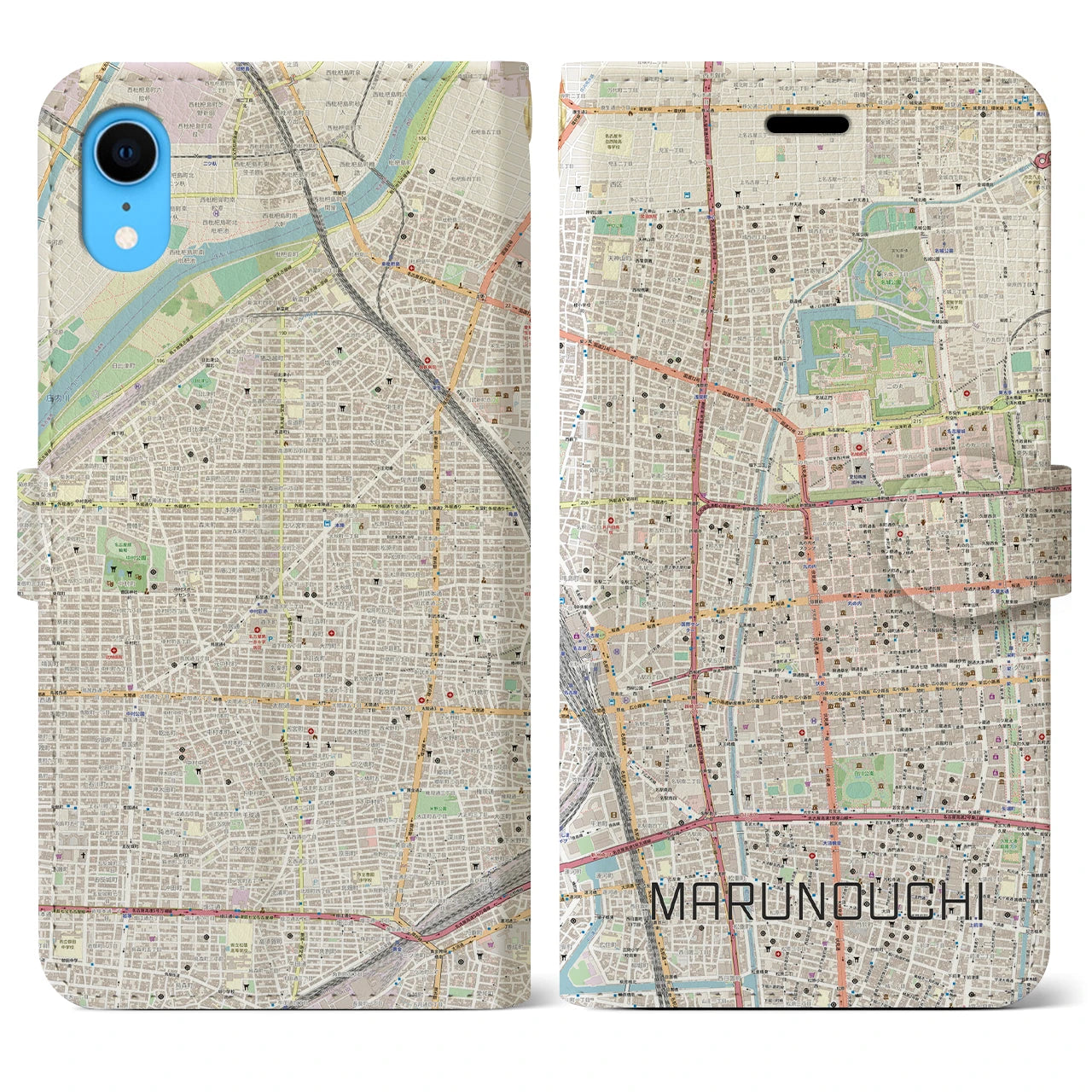 【丸の内】地図柄iPhoneケース（手帳両面タイプ・ナチュラル）iPhone XR 用