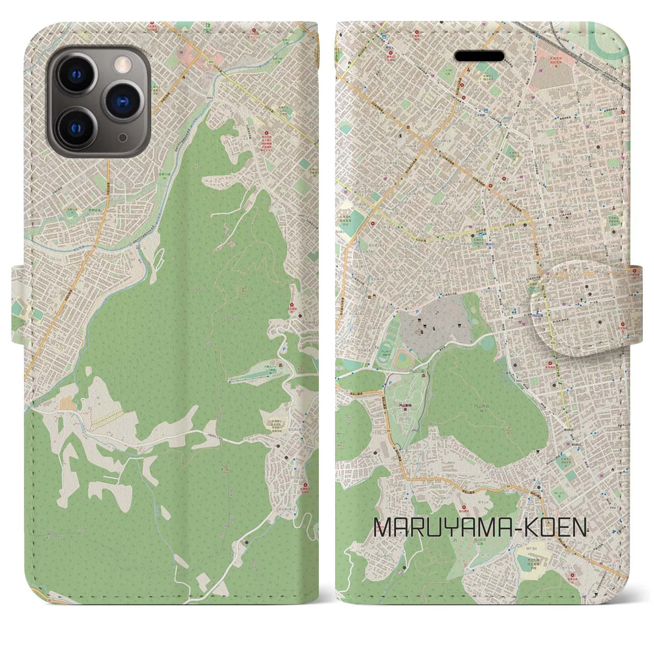 【円山公園】地図柄iPhoneケース（手帳両面タイプ・ナチュラル）iPhone 11 Pro Max 用