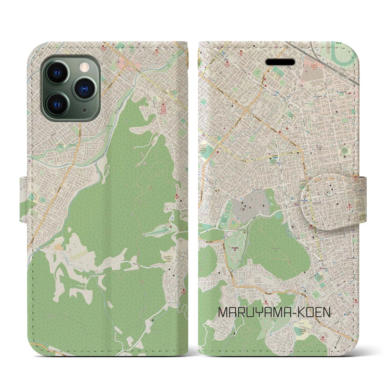 【円山公園】地図柄iPhoneケース（手帳両面タイプ・ナチュラル）iPhone 11 Pro 用