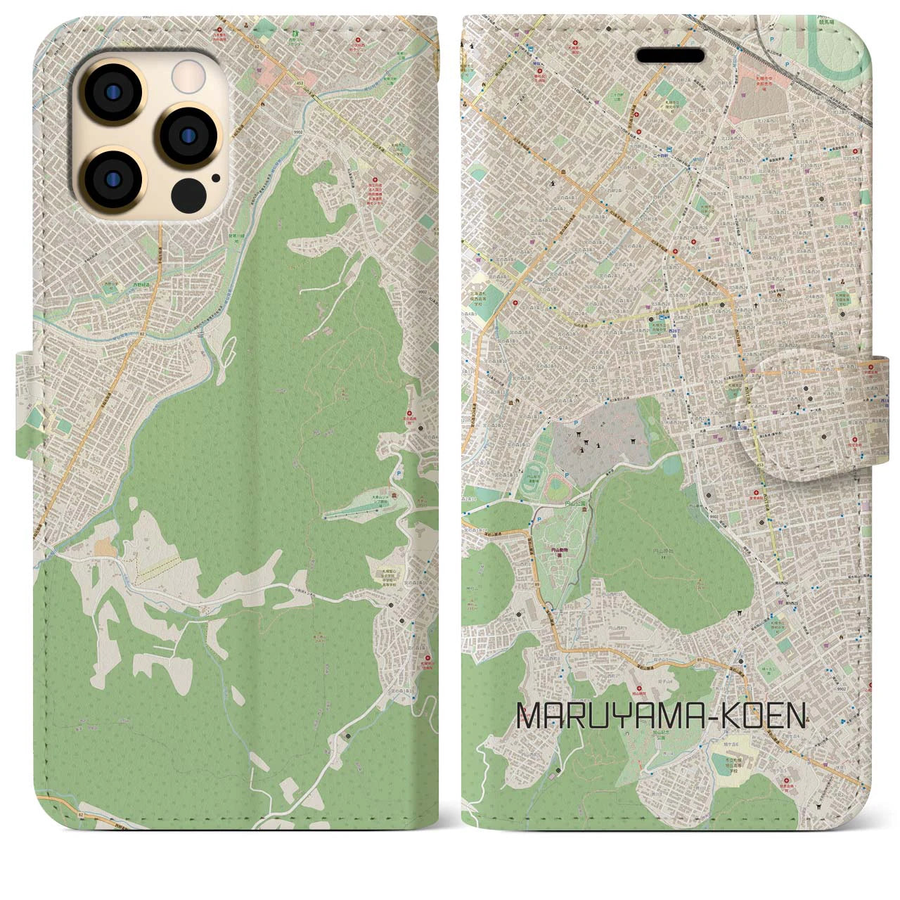 【円山公園】地図柄iPhoneケース（手帳両面タイプ・ナチュラル）iPhone 12 Pro Max 用