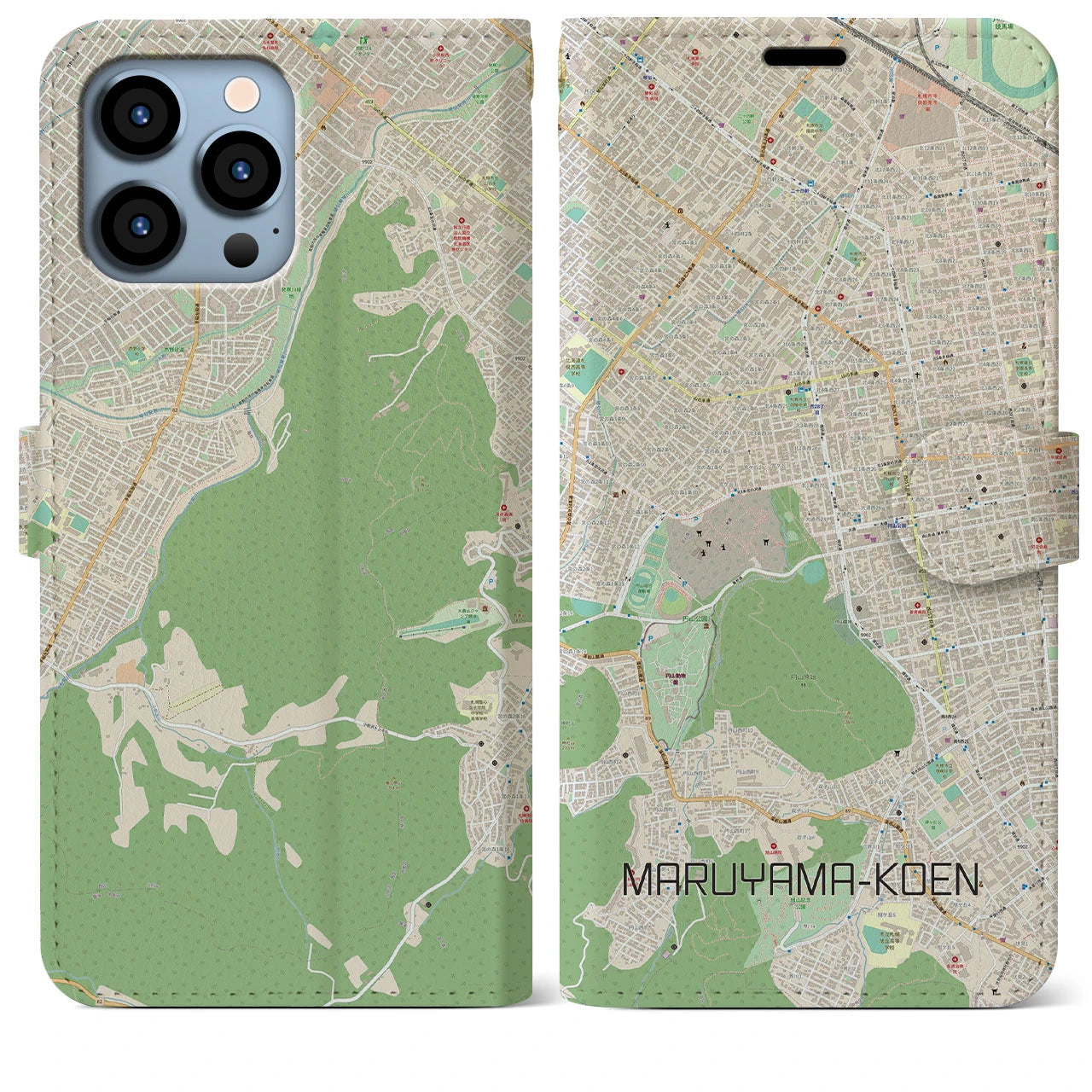 【円山公園】地図柄iPhoneケース（手帳両面タイプ・ナチュラル）iPhone 13 Pro Max 用