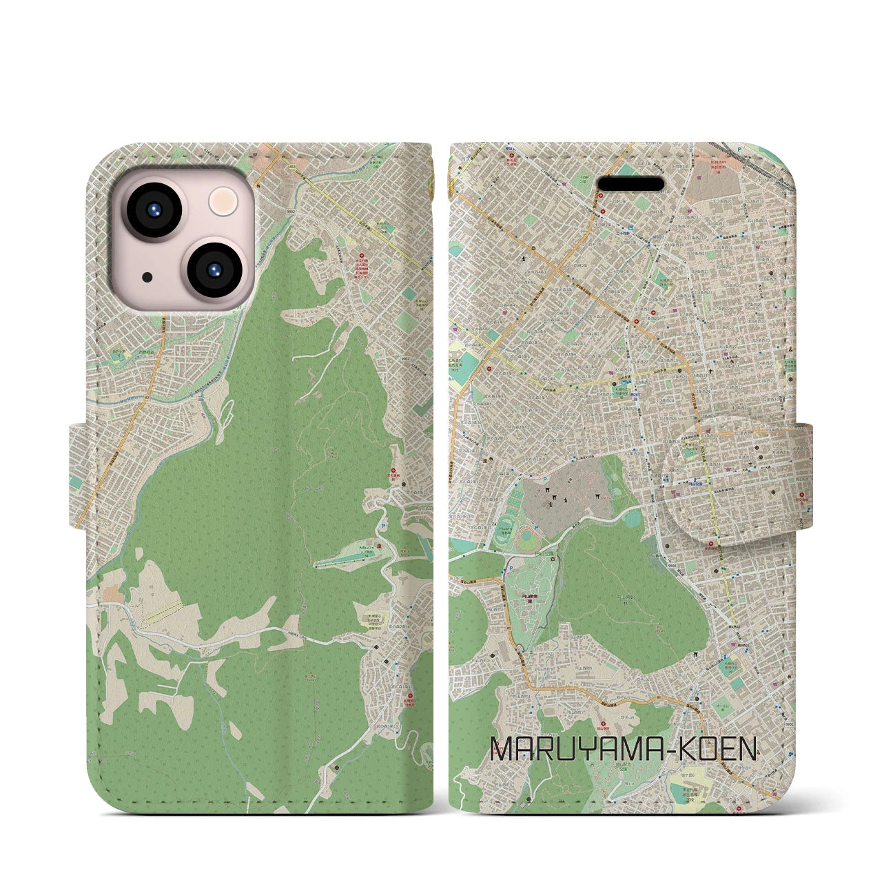 【円山公園】地図柄iPhoneケース（手帳両面タイプ・ナチュラル）iPhone 13 mini 用