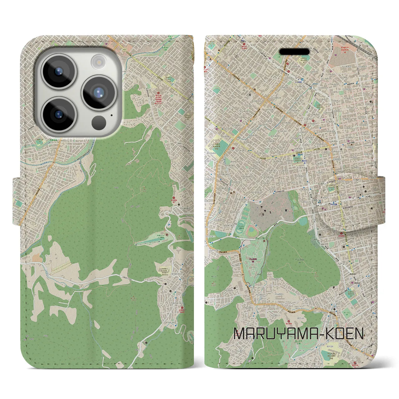 【円山公園】地図柄iPhoneケース（手帳両面タイプ・ナチュラル）iPhone 15 Pro 用