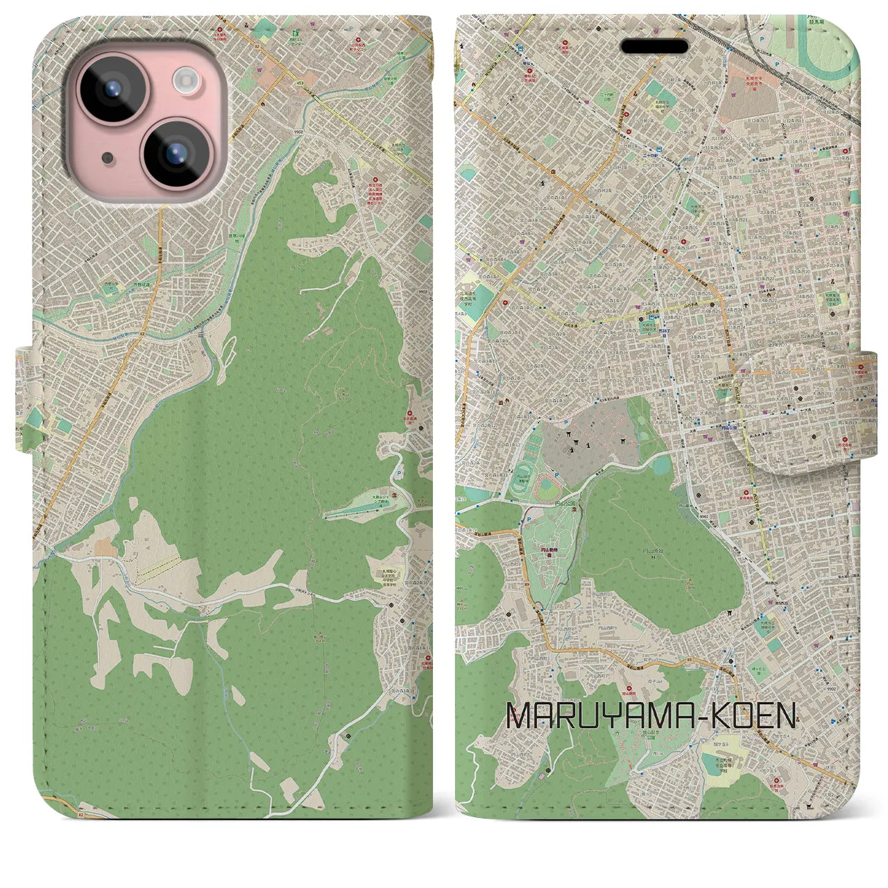 【円山公園】地図柄iPhoneケース（手帳両面タイプ・ナチュラル）iPhone 15 Plus 用