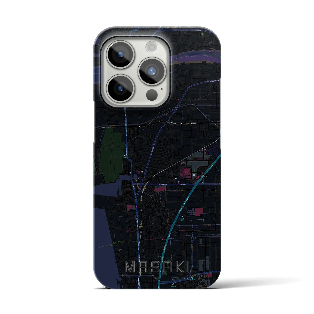 【松前】地図柄iPhoneケース（バックカバータイプ・ブラック）iPhone 15 Pro 用