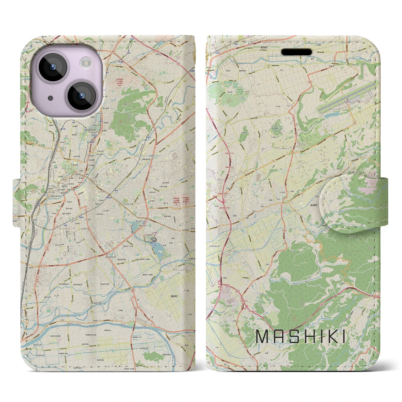 【益城】地図柄iPhoneケース（手帳両面タイプ・ナチュラル）iPhone 14 用