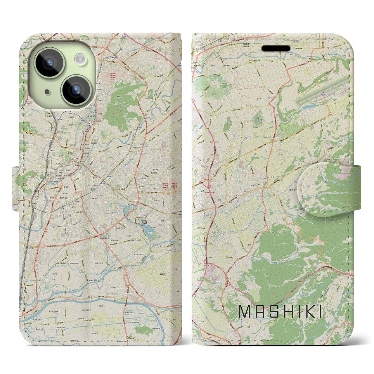 【益城】地図柄iPhoneケース（手帳両面タイプ・ナチュラル）iPhone 15 用
