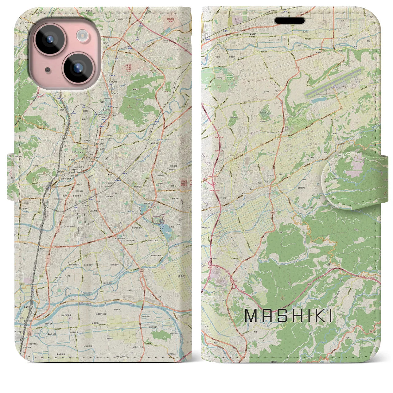 【益城】地図柄iPhoneケース（手帳両面タイプ・ナチュラル）iPhone 15 Plus 用