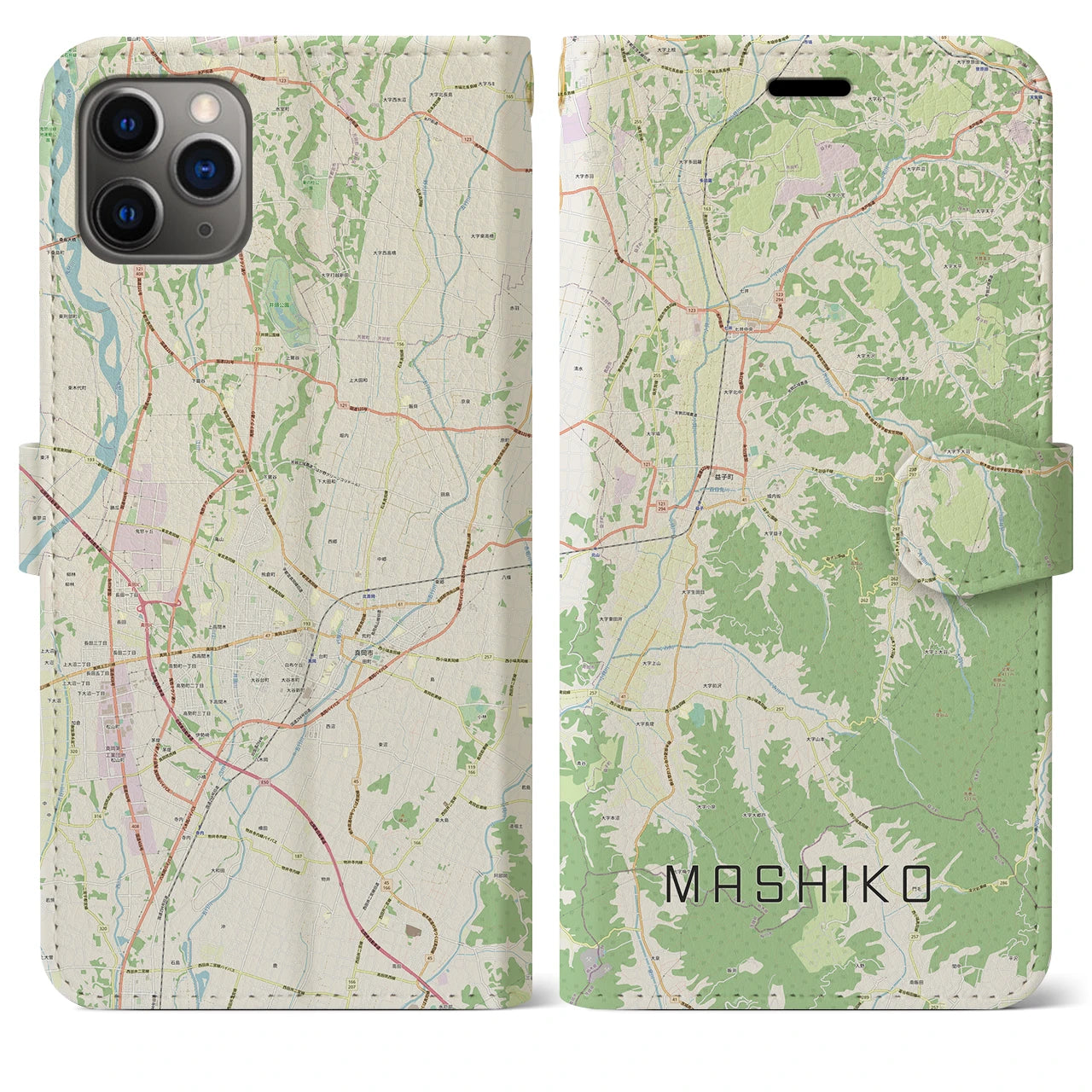 【益子】地図柄iPhoneケース（手帳両面タイプ・ナチュラル）iPhone 11 Pro Max 用