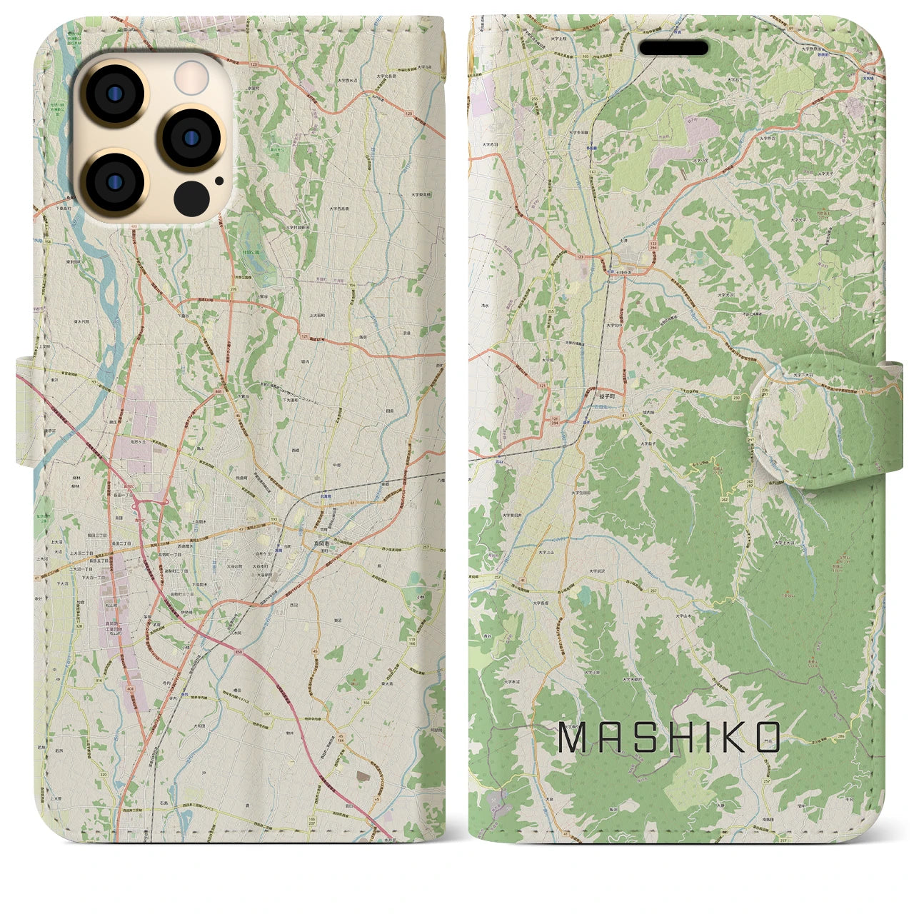 【益子】地図柄iPhoneケース（手帳両面タイプ・ナチュラル）iPhone 12 Pro Max 用