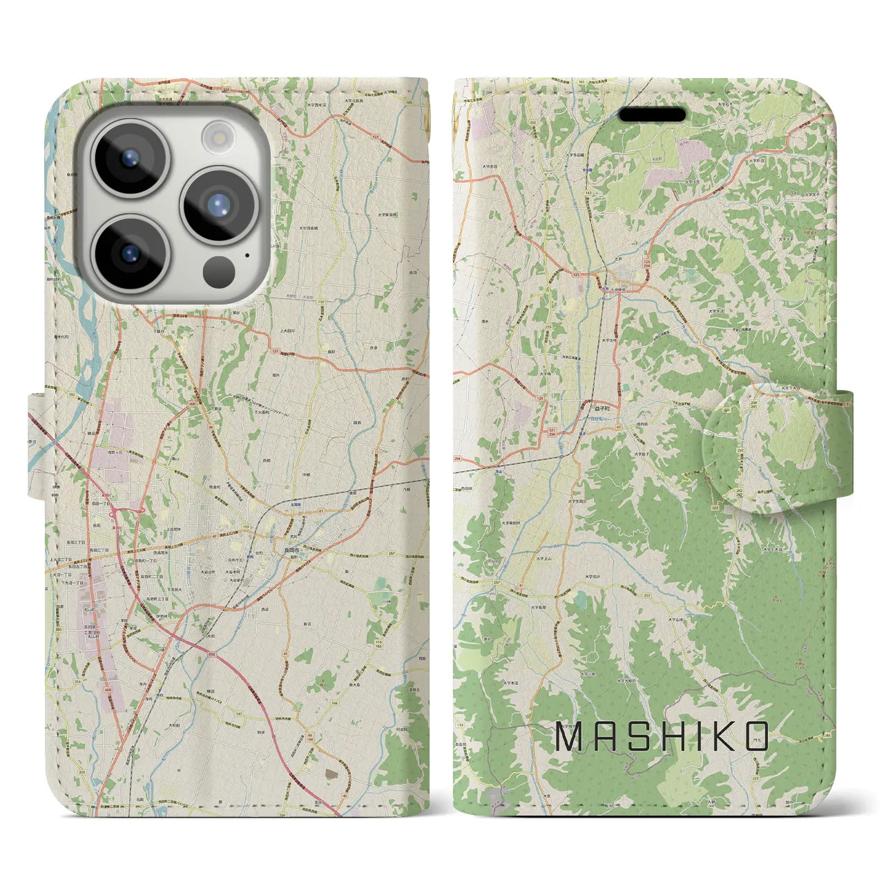 【益子】地図柄iPhoneケース（手帳両面タイプ・ナチュラル）iPhone 15 Pro 用