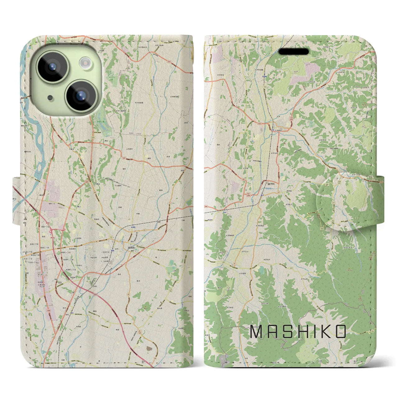 【益子】地図柄iPhoneケース（手帳両面タイプ・ナチュラル）iPhone 15 用