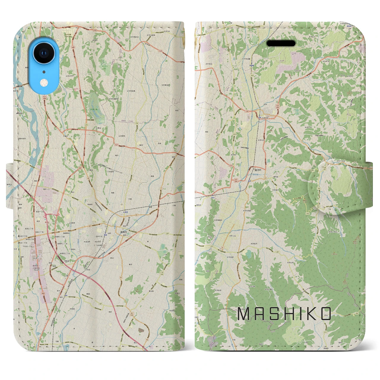 【益子】地図柄iPhoneケース（手帳両面タイプ・ナチュラル）iPhone XR 用