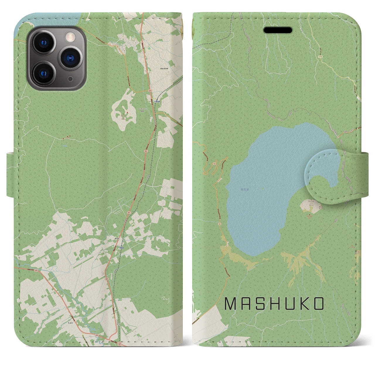 【摩周湖】地図柄iPhoneケース（手帳両面タイプ・ナチュラル）iPhone 11 Pro Max 用