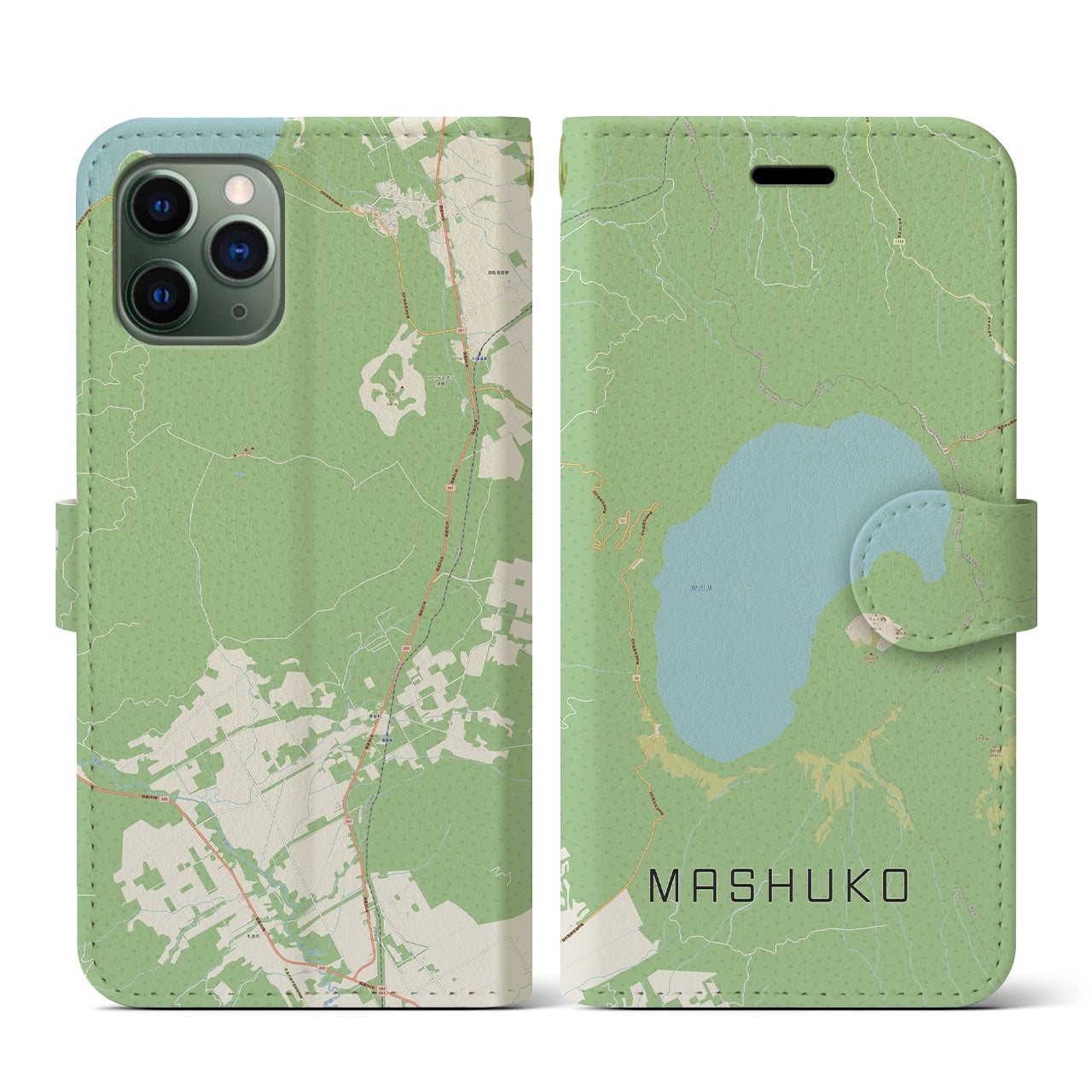 【摩周湖】地図柄iPhoneケース（手帳両面タイプ・ナチュラル）iPhone 11 Pro 用