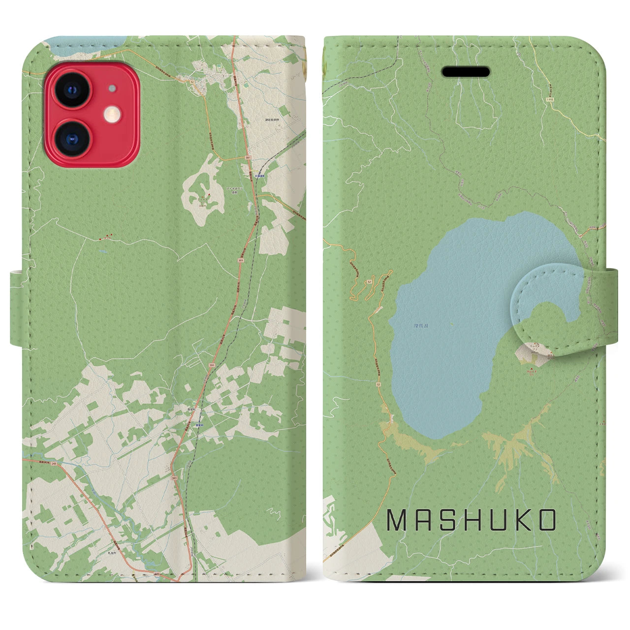 【摩周湖】地図柄iPhoneケース（手帳両面タイプ・ナチュラル）iPhone 11 用