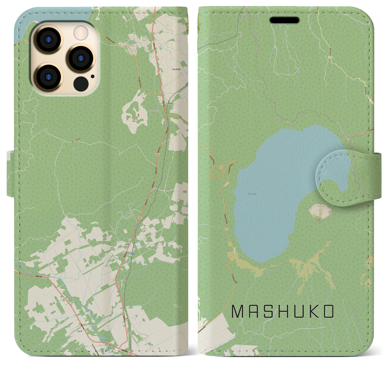 【摩周湖】地図柄iPhoneケース（手帳両面タイプ・ナチュラル）iPhone 12 Pro Max 用