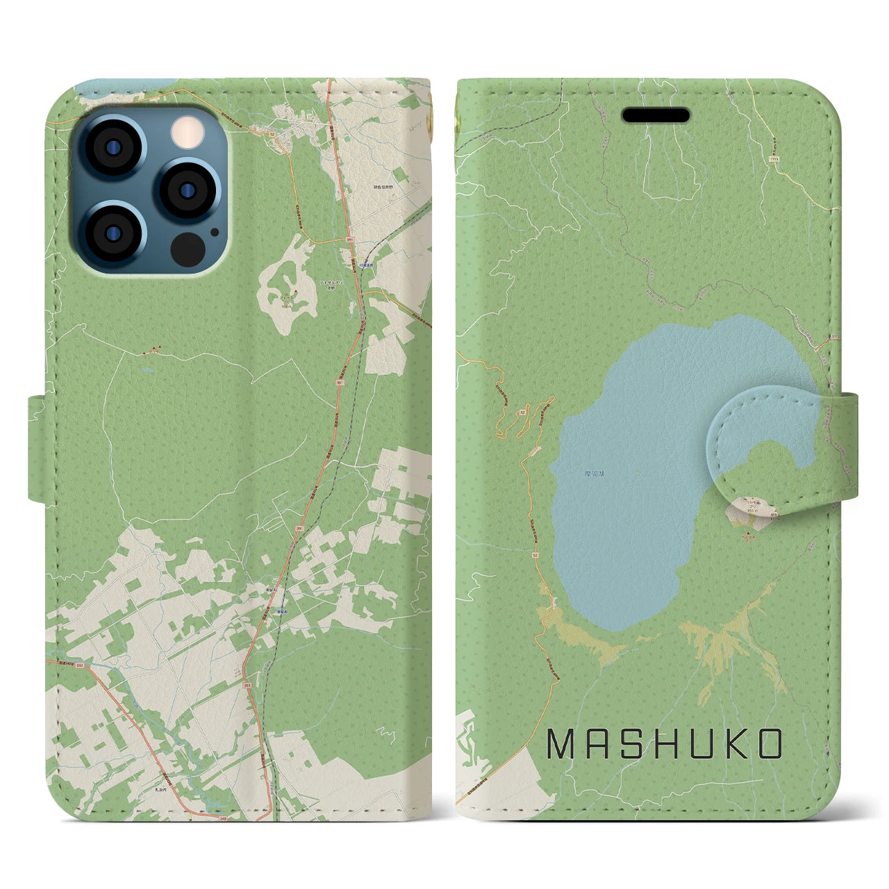 【摩周湖】地図柄iPhoneケース（手帳両面タイプ・ナチュラル）iPhone 12 / 12 Pro 用