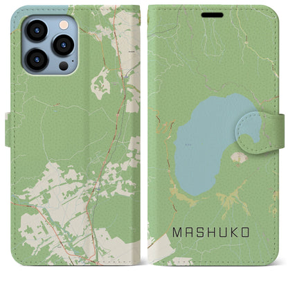 【摩周湖（北海道）】地図柄iPhoneケース（手帳タイプ）ナチュラル・iPhone 13 Pro Max 用