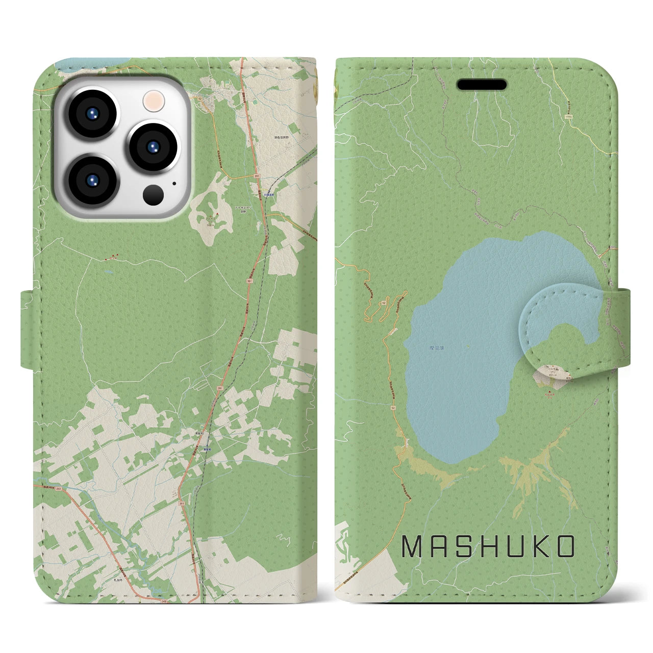 【摩周湖】地図柄iPhoneケース（手帳両面タイプ・ナチュラル）iPhone 13 Pro 用