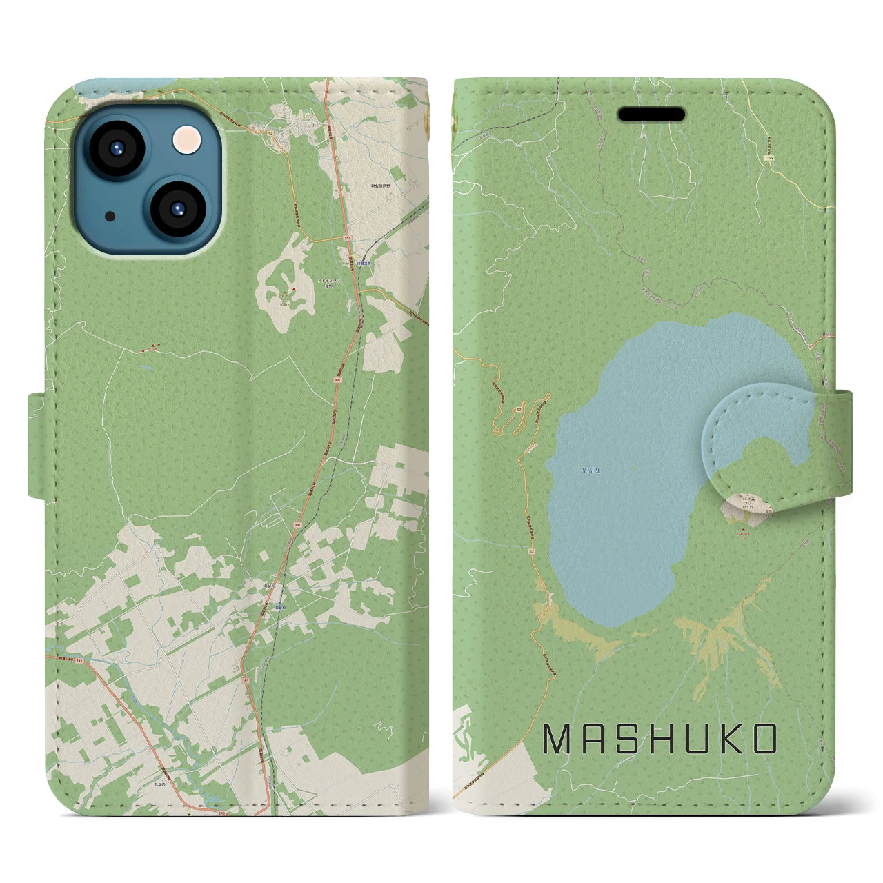 【摩周湖】地図柄iPhoneケース（手帳両面タイプ・ナチュラル）iPhone 13 用